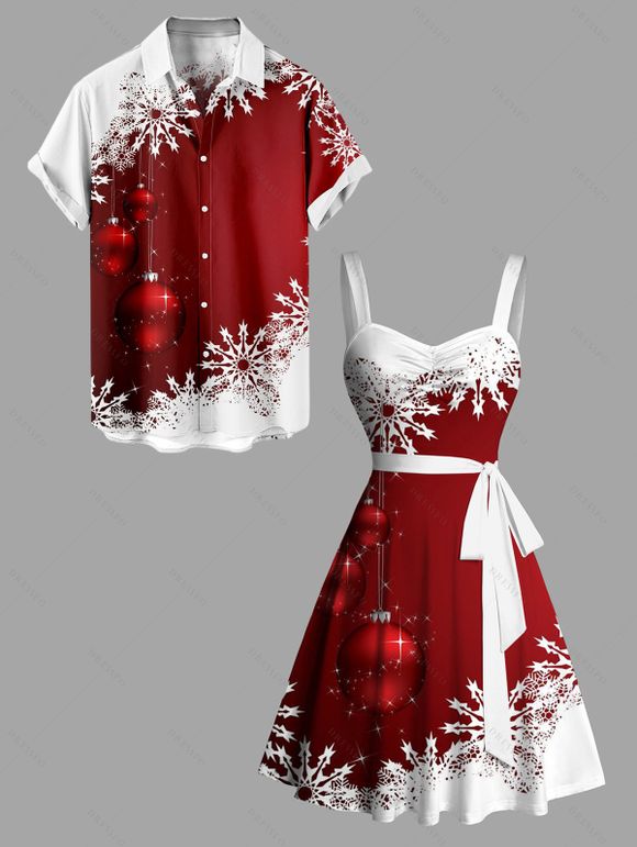 Christmas Sweetheart Neck Snowflake Bell Contrast Print Dress and Roll Up Sleeve Shirt Outfit - Rouge S | US 4