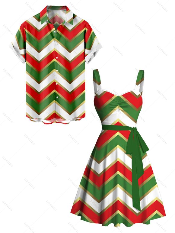 Christmas Sweetheart Neck Chevron Print Dress and Roll Up Sleeve Shirt Outfit - multicolor S | US 4