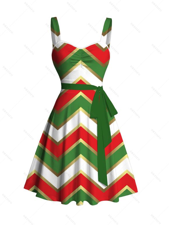 Christmas Sweetheart Neck Chevron Print Dress and Roll Up Sleeve Shirt Outfit - multicolor S | US 4