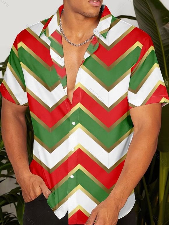 Christmas Sweetheart Neck Chevron Print Dress and Roll Up Sleeve Shirt Outfit - multicolor S | US 4