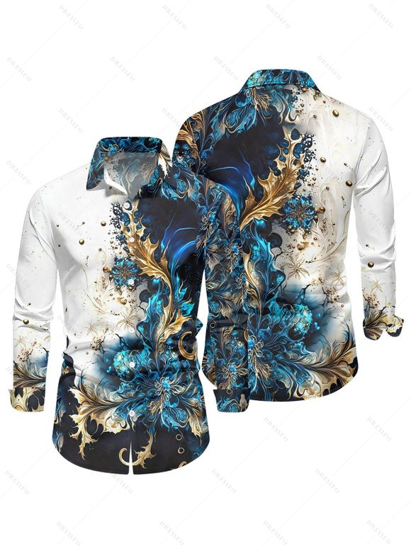 Chemise Décontractée Boutonnée Abstraite Imprimée Manches Longues à Col Relevé - Bleu profond 4XL