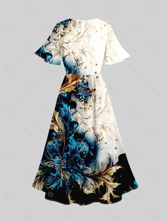 Robe D'Eté Fendue Abstrait Imprimé Manches Evasées à Col V - multicolor A L | US 8-10