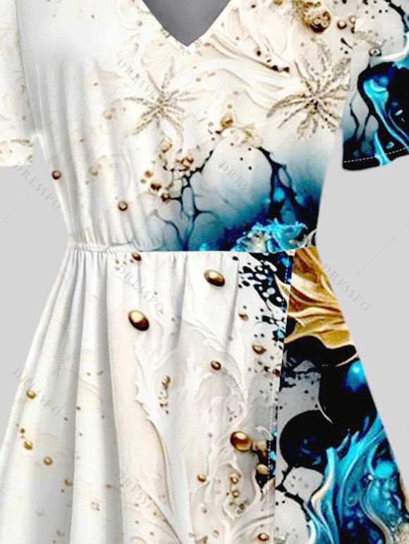 Robe D'Eté Fendue Abstrait Imprimé Manches Evasées à Col V - multicolor A L | US 8-10