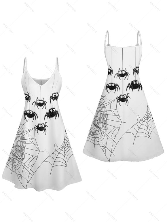 Robe D'Eté Ligne A Toile D'Araignée Imprimée à Bretelle Fine sans Manches à Col V - Blanc XXL | US 14