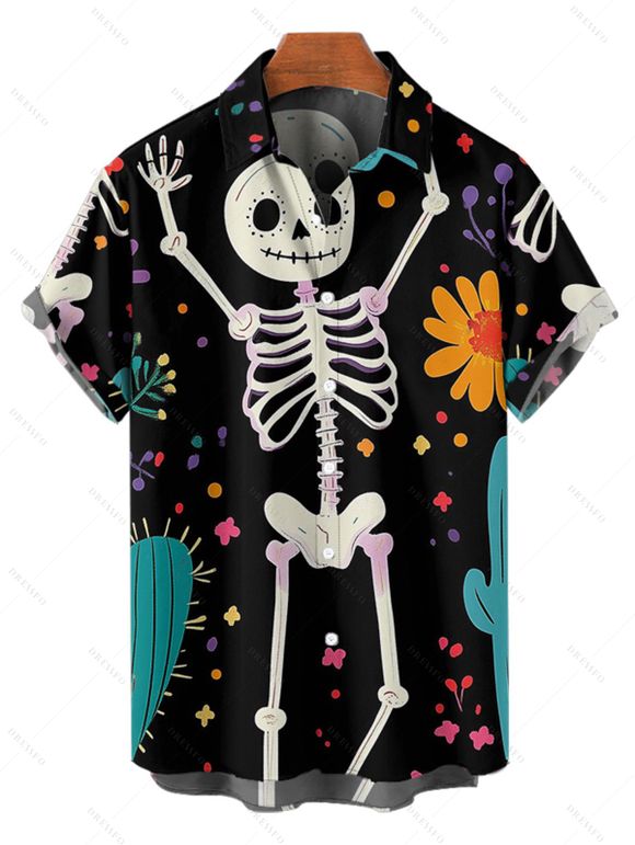 Chemise Décontractée Plante Squelette Imprimées à Manches Courtes - Noir 5XL