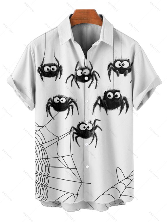 Chemise Décontractée D'Halloween Toile D'Araignée Imprimée Boutonnée à Manches Roulées pour Homme - Blanc S