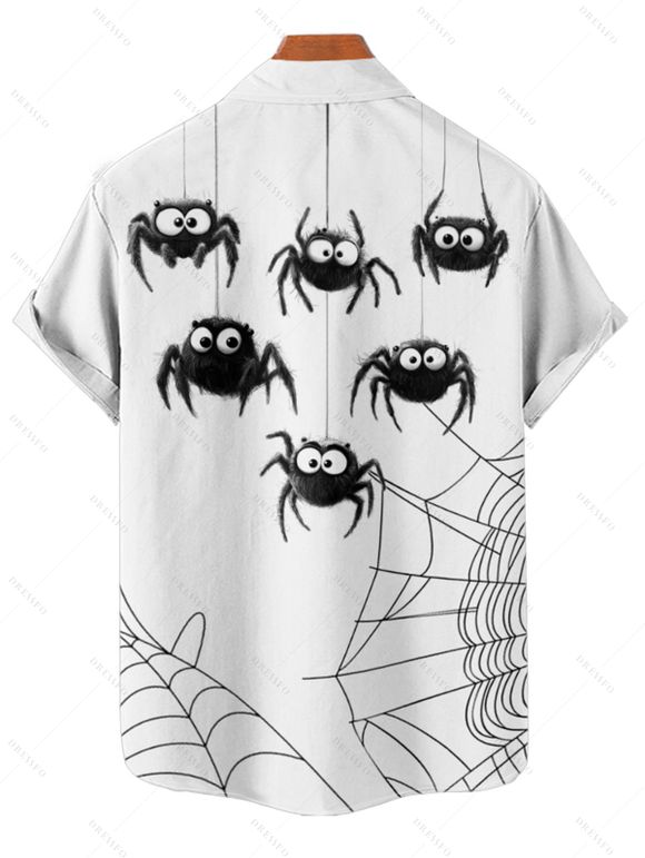 Chemise Décontractée D'Halloween Toile D'Araignée Imprimée Boutonnée à Manches Roulées pour Homme - Blanc M