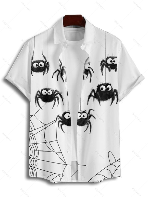 Chemise Décontractée D'Halloween Toile D'Araignée Imprimée Boutonnée à Manches Roulées pour Homme - Blanc M