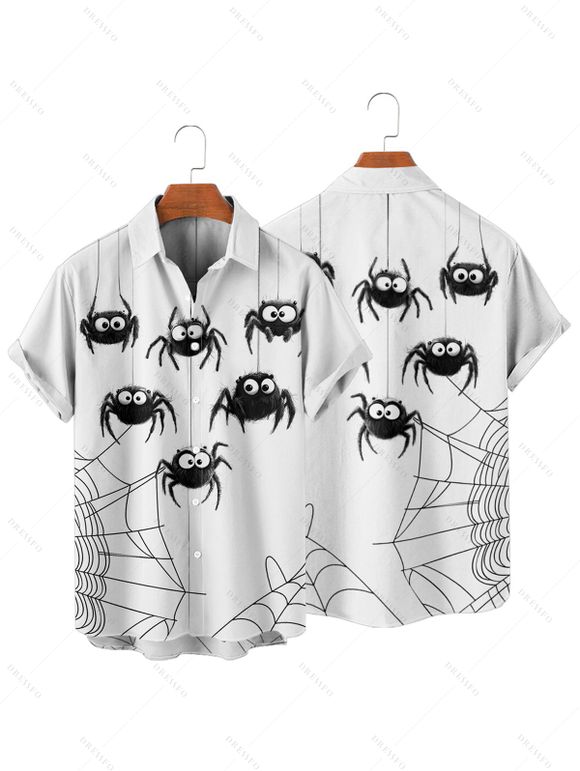 Chemise Décontractée D'Halloween Toile D'Araignée Imprimée Boutonnée à Manches Roulées pour Homme - Blanc M