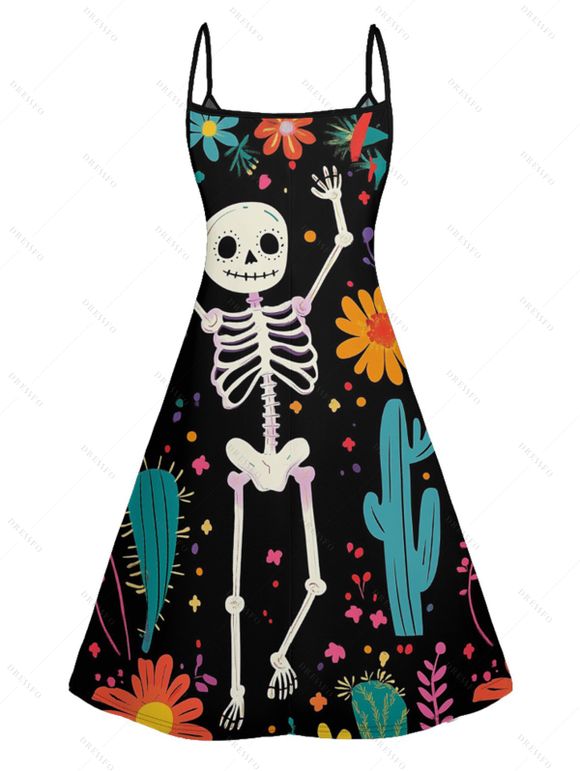 Robe D'Eté Ligne A Plante Squelette Imprimée à Taille Haute sans Manches à Bretelle Fine - Noir XXXL | US 16