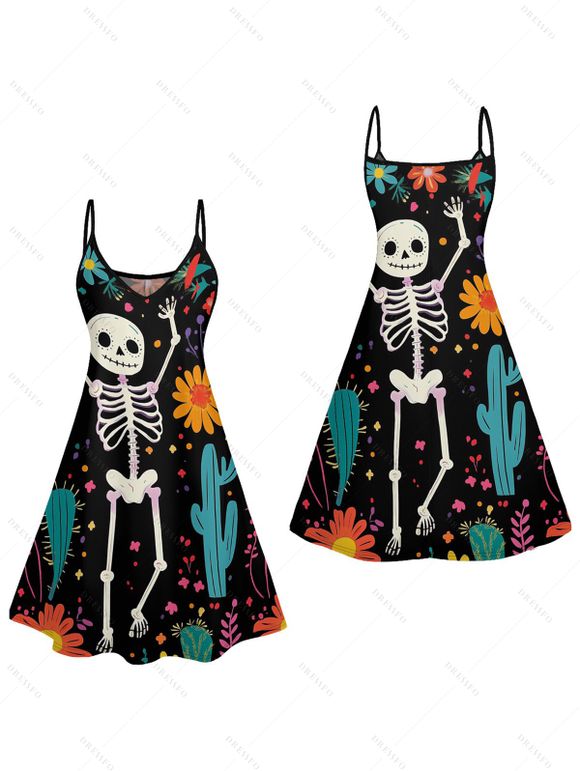 Robe D'Eté Ligne A Plante Squelette Imprimée à Taille Haute sans Manches à Bretelle Fine - Noir XXXL | US 16
