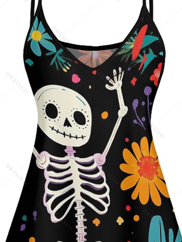 Robe D'Eté Ligne A Plante Squelette Imprimée à Taille Haute sans Manches à Bretelle Fine - Noir XXXL | US 16