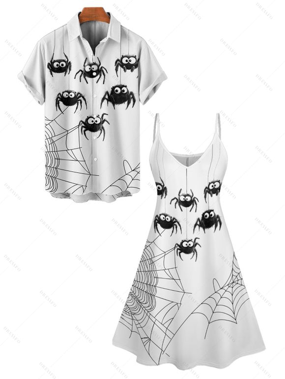 Halloween Spider Web Print V Neck High Waist Spaghetti Strap Dress and Roll Up Sleeve Shirt Outfit - Blanc S | US 4