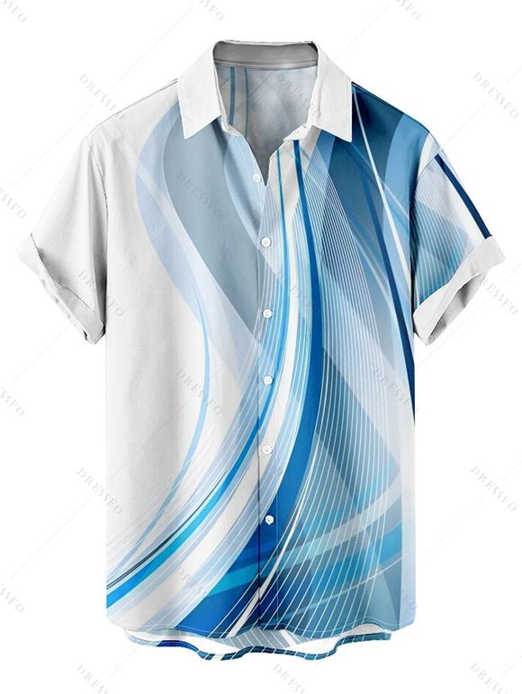 Chemise Décontractée Linge Abstraite Imprimé à Manches Roulées Boutonnée pour Homme - Bleu clair 3XL