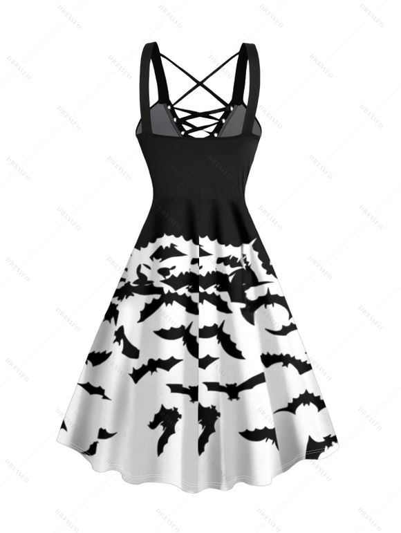 Robe Gothique D'Halloween Chapeau et Chauve-souris Imprimés sans Manches à Lacets - Blanc XXL | US 14