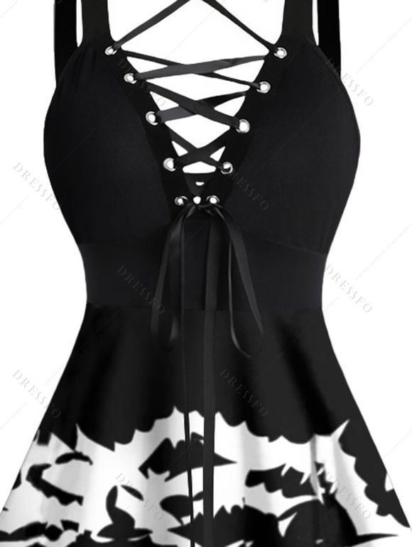 Robe Gothique D'Halloween Chapeau et Chauve-souris Imprimés sans Manches à Lacets - Blanc XXL | US 14