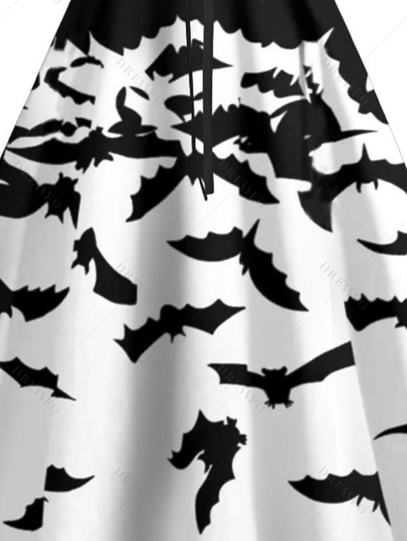 Robe Gothique D'Halloween Chapeau et Chauve-souris Imprimés sans Manches à Lacets - Blanc XXL | US 14