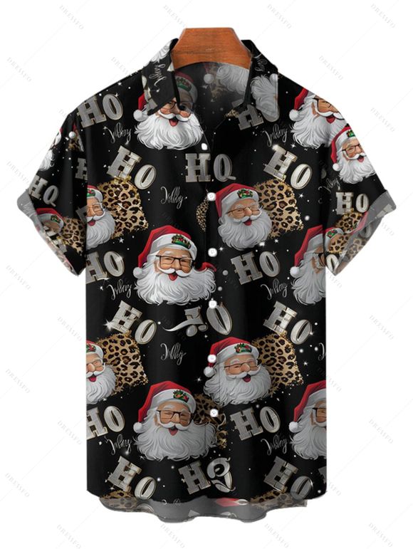 Chemise Décontractée Père Noël Imprimée Boutonnée à Manches Courtes - Noir 4XL