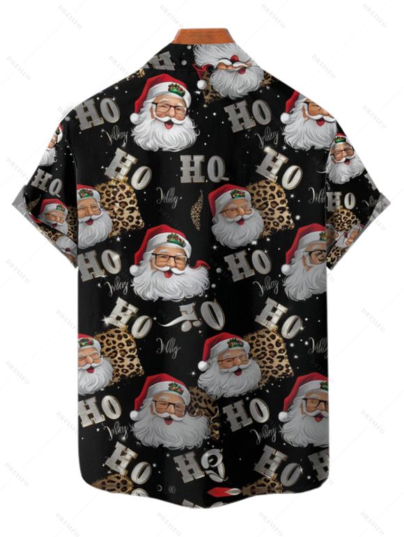 Chemise Décontractée Père Noël Imprimée Boutonnée à Manches Courtes - Noir 4XL