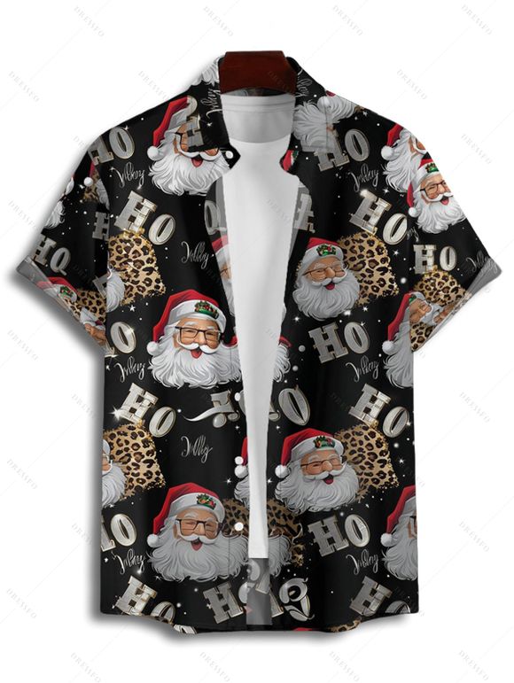 Chemise Décontractée Père Noël Imprimée Boutonnée à Manches Courtes - Noir 4XL
