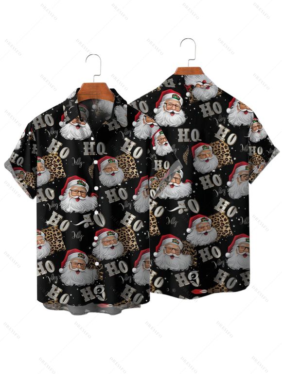 Chemise Décontractée Père Noël Imprimée Boutonnée à Manches Courtes - Noir 4XL