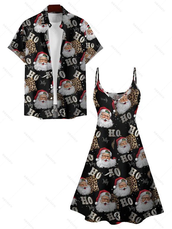 Christmas Santa Claus Print V Neck High Waist Spaghetti Strap Dress and Roll Up Sleeve Shirt Outfit - Noir S | US 4