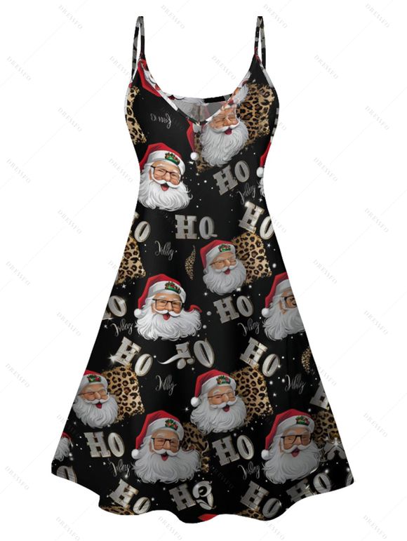 Christmas Santa Claus Print V Neck High Waist Spaghetti Strap Dress and Roll Up Sleeve Shirt Outfit - Noir S | US 4