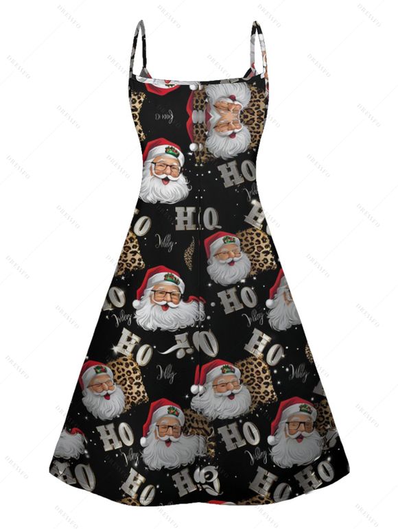 Christmas Santa Claus Print V Neck High Waist Spaghetti Strap Dress and Roll Up Sleeve Shirt Outfit - Noir S | US 4