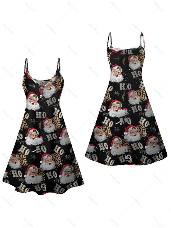 Christmas Santa Claus Print V Neck High Waist Spaghetti Strap Dress and Roll Up Sleeve Shirt Outfit - Noir S | US 4