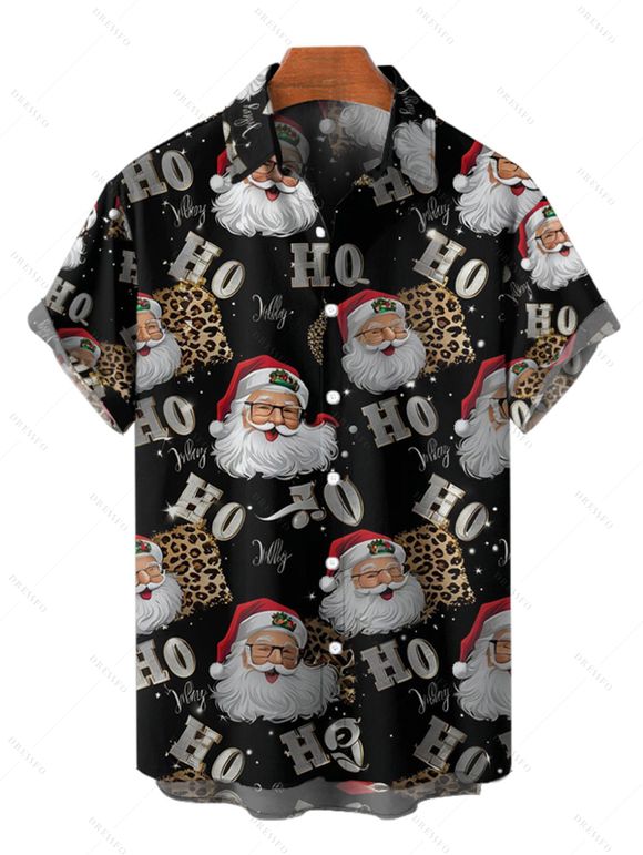 Christmas Santa Claus Print V Neck High Waist Spaghetti Strap Dress and Roll Up Sleeve Shirt Outfit - Noir S | US 4