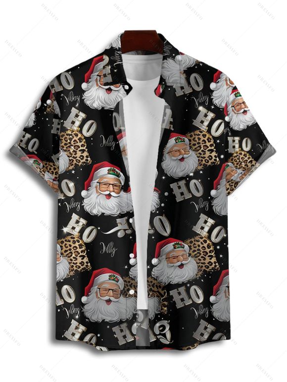 Christmas Santa Claus Print V Neck High Waist Spaghetti Strap Dress and Roll Up Sleeve Shirt Outfit - Noir S | US 4