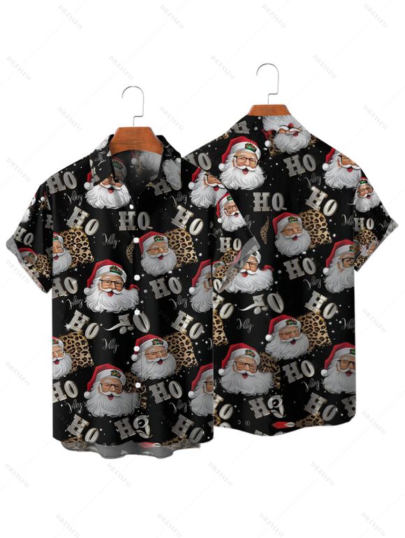 Christmas Santa Claus Print V Neck High Waist Spaghetti Strap Dress and Roll Up Sleeve Shirt Outfit - Noir S | US 4