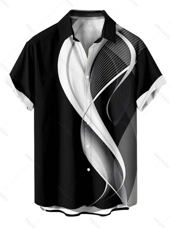 Chemise Décontractée Linge Abstraite Imprimé à Manches Roulées Boutonnée pour Homme - Noir L