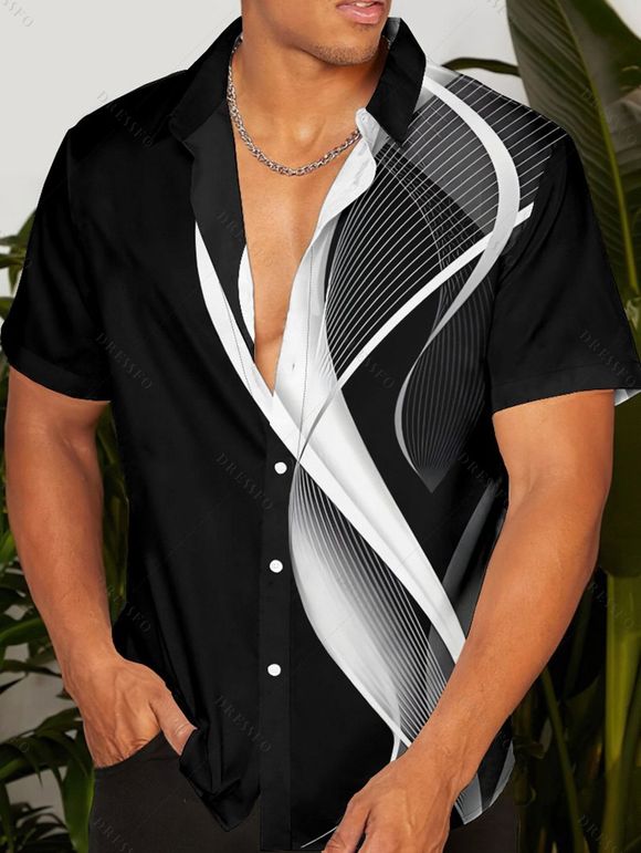 Chemise Décontractée Linge Abstraite Imprimé à Manches Roulées Boutonnée pour Homme - Noir 4XL