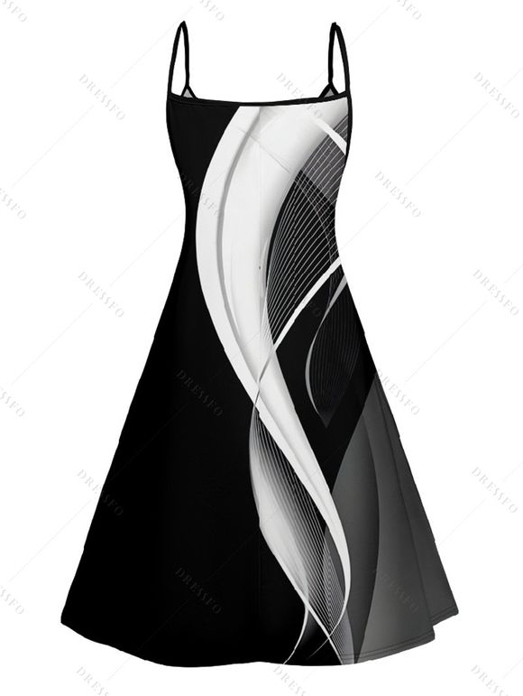 Robe D'Eté Ligne A Ligne Abstraite Imprimée à Bretelle Fine à Taille Haute sans Manches - Noir M | US 6