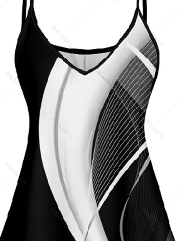 Robe D'Eté Ligne A Ligne Abstraite Imprimée à Bretelle Fine à Taille Haute sans Manches - Noir M | US 6
