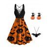 Halloween Pumpkin Face Spider Web Bat Hat Print Dress and Chain Pendant Necklace Gothic Drop Earrings Outfit - Orange S | US 4