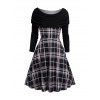 Plaid Print Off the Shoulder Cinched Dress and Zip Up Chunky Boots Embellishment Buckle Belt Faux Crystal Necklace Outfit - Noir S | US 4