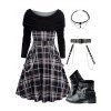 Plaid Print Off the Shoulder Cinched Dress and Zip Up Chunky Boots Embellishment Buckle Belt Faux Crystal Necklace Outfit - Noir S | US 4