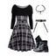 Plaid Print Off the Shoulder Cinched Dress and Zip Up Chunky Boots Embellishment Buckle Belt Faux Crystal Necklace Outfit - Noir S | US 4