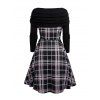 Plaid Print Off the Shoulder Cinched Dress and Zip Up Chunky Boots Embellishment Buckle Belt Faux Crystal Necklace Outfit - Noir S | US 4