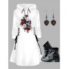 Rose Skull Print Drawstring Hoodie and Zip Up Chunky Heel Punk Boots Heart Rose Rivet Drop Earrings Outfit - Blanc S | US 4