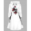 Rose Skull Print Drawstring Hoodie and Zip Up Chunky Heel Punk Boots Heart Rose Rivet Drop Earrings Outfit - Blanc S | US 4