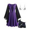 Gothic Chiffon Long Sleeve Mini Dress and Lace Up Thick Heels Boots Skull Moon Earrings Outfit - Concorde S | US 4