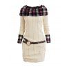 Plaid Panel Cable Knit Belted Sweater Dress and Chunky Heel Lace Up Boots Life Tree Pattern Drop Earrings Outfit - café lumière S | US 4