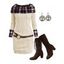 Plaid Panel Cable Knit Belted Sweater Dress and Chunky Heel Lace Up Boots Life Tree Pattern Drop Earrings Outfit - café lumière S | US 4