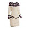 Plaid Panel Cable Knit Belted Sweater Dress and Chunky Heel Lace Up Boots Life Tree Pattern Drop Earrings Outfit - café lumière S | US 4