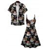 Christmas Santa Claus Print V Neck High Waist Spaghetti Strap Dress and Roll Up Sleeve Shirt Outfit - Noir S | US 4