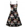 Christmas Santa Claus Print V Neck High Waist Spaghetti Strap Dress and Roll Up Sleeve Shirt Outfit - Noir S | US 4