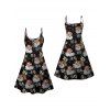 Christmas Santa Claus Print V Neck High Waist Spaghetti Strap Dress and Roll Up Sleeve Shirt Outfit - Noir S | US 4